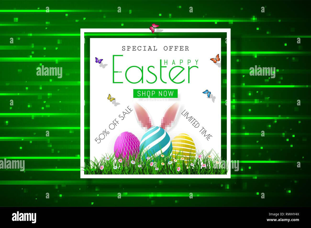 Happy Easter sale banners with realistic Easter rabbir`s ears, vector. Stock Vector